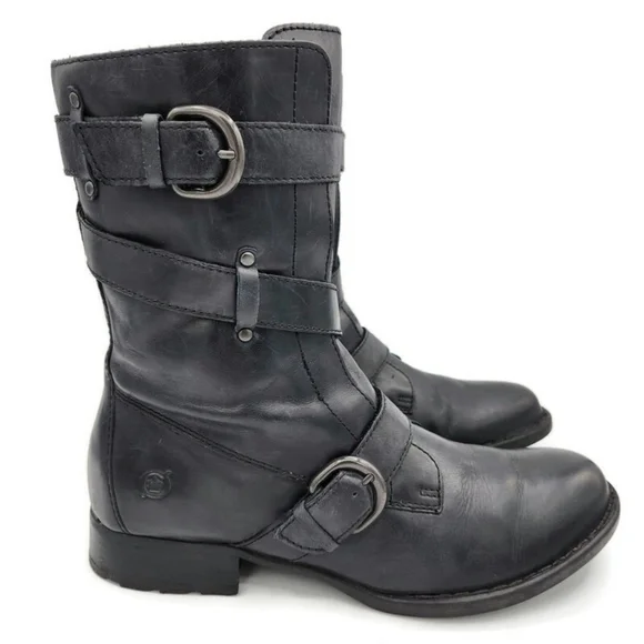Born Alamid Black Leather Straps & Buckles Calf-High Lug Sole Moto Style Boots - Picture 5 of 12